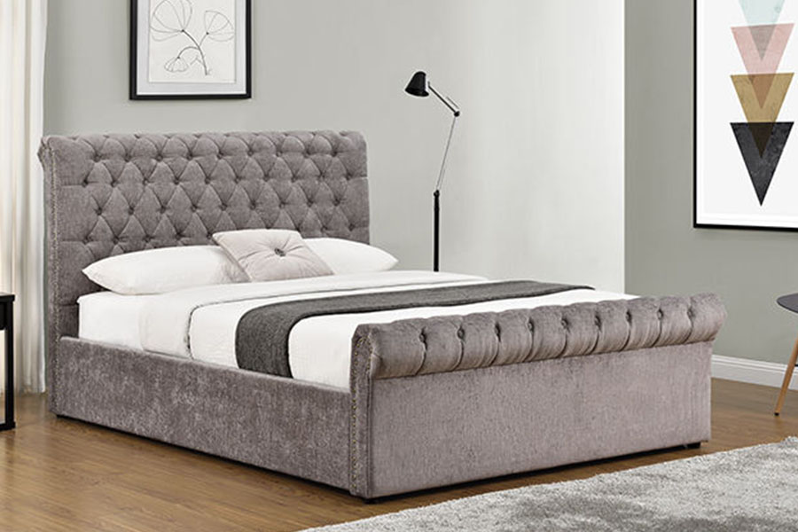 1208G Estructura de cama otomana tipo trineo Chesterfield de chenilla y terciopelo con almacenamiento