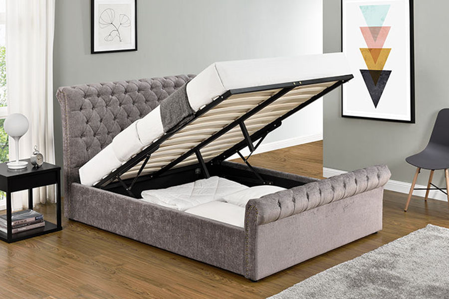 1208G Estructura de cama otomana tipo trineo Chesterfield de chenilla y terciopelo con almacenamiento