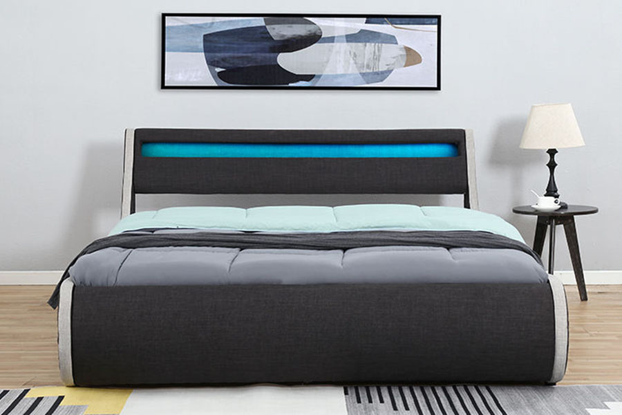 1408-1G Estructura de cama tapizada con almacenamiento otomano con estructura de madera suave de tela de lino