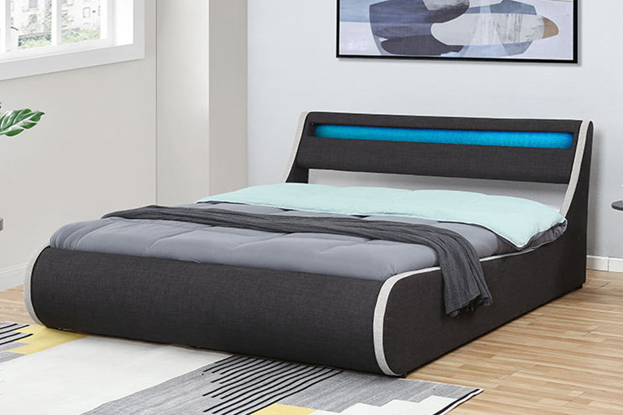 1408-1G Estructura de cama tapizada con almacenamiento otomano con estructura de madera suave de tela de lino
