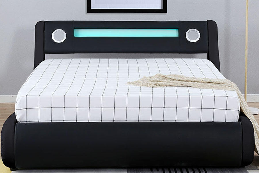 1324-1GS Precioso altavoz LED, marco de cama tapizado con almacenamiento y elevación a gas de cuero