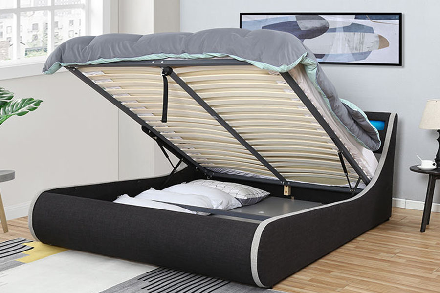 1408-1G Estructura de cama tapizada con almacenamiento otomano con estructura de madera suave de tela de lino