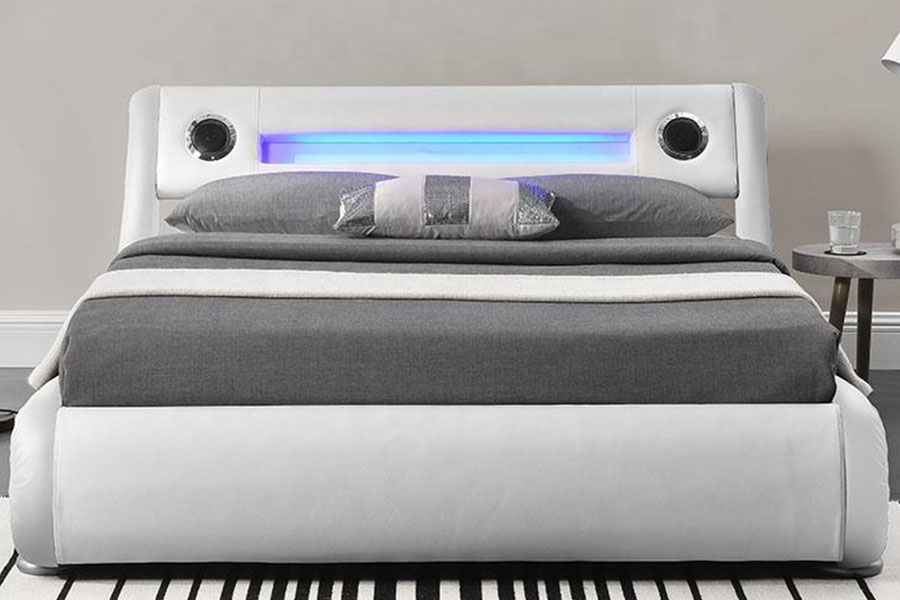1324-1GS Precioso altavoz LED, marco de cama tapizado con almacenamiento y elevación a gas de cuero