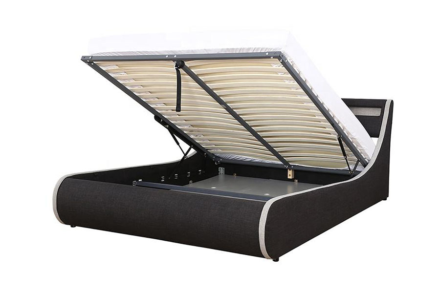 1408-1G Estructura de cama tapizada con almacenamiento otomano con estructura de madera suave de tela de lino
