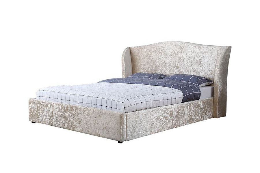 Estructura de cama con almacenamiento tapizada otomana con acabado en ostra y terciopelo champán 1320G