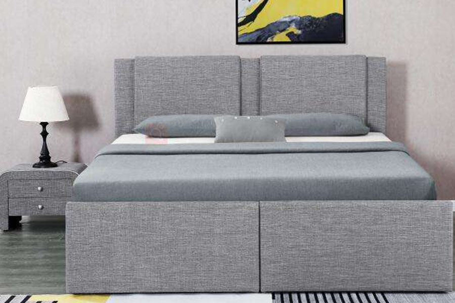 1311DG ​​Estructura de cama tapizada con almacenamiento de madera y tela con dos cajones y elevación a gas