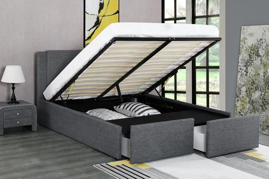 1311DG ​​Estructura de cama tapizada con almacenamiento de madera y tela con dos cajones y elevación a gas