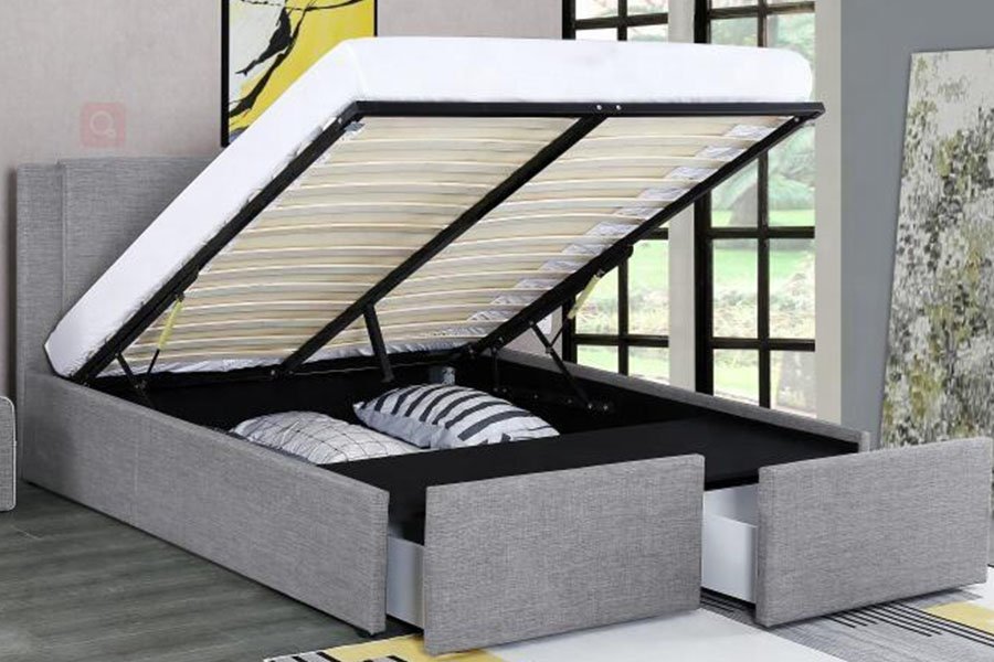 1311DG ​​Estructura de cama tapizada con almacenamiento de madera y tela con dos cajones y elevación a gas
