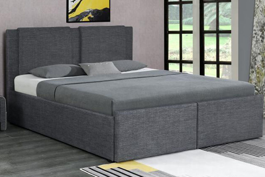 1311DG ​​Estructura de cama tapizada con almacenamiento de madera y tela con dos cajones y elevación a gas