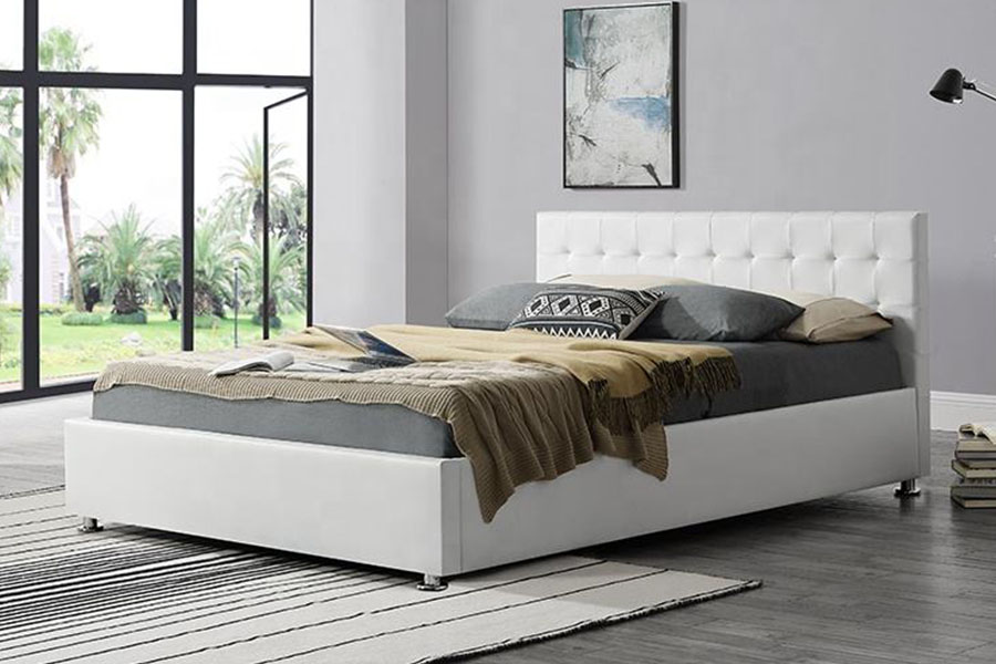 Marco de cama tapizado otomano interior de cuero sintético negro 1405G