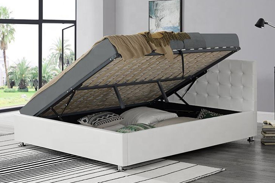 Marco de cama tapizado otomano interior de cuero sintético negro 1405G