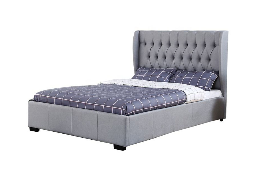 1310G Estructura de cama con almacenamiento y detalle de botones de tela gris con respaldo lateral y cabecera alta