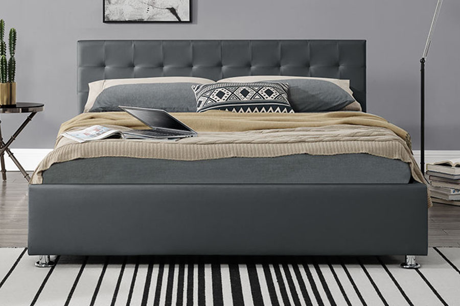 Marco de cama tapizado otomano interior de cuero sintético negro 1405G