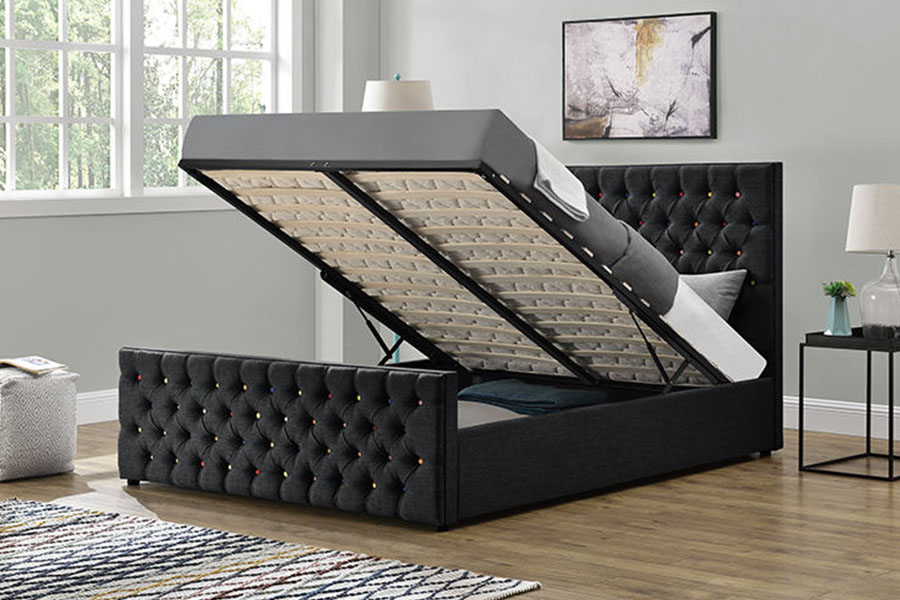 1308G Estructura de cama con almacenamiento y elevación a gas con plataforma capitoné y botones tipo trineo de lujo en tela negra