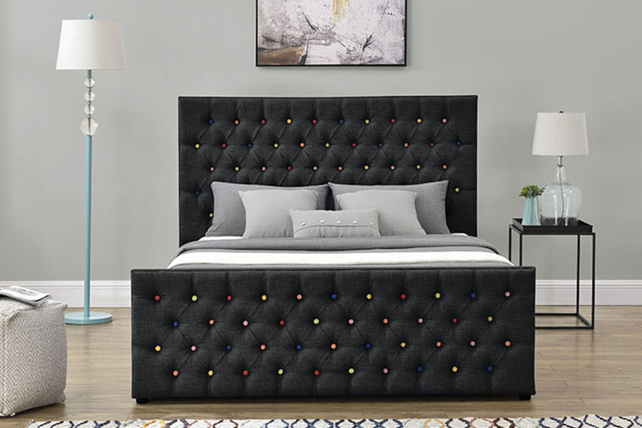 1308G Estructura de cama con almacenamiento y elevación a gas con plataforma capitoné y botones tipo trineo de lujo en tela negra