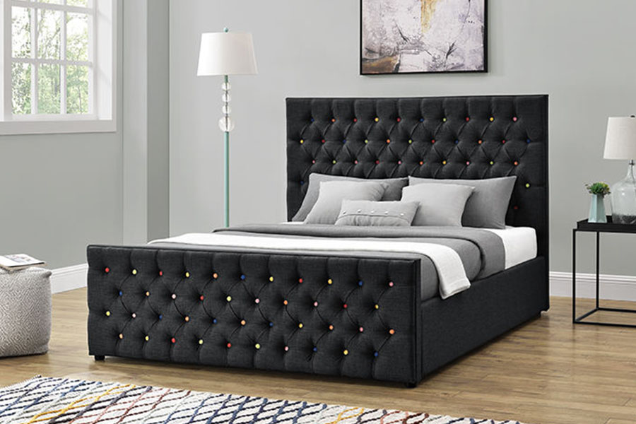 1308G Estructura de cama con almacenamiento y elevación a gas con plataforma capitoné y botones tipo trineo de lujo en tela negra