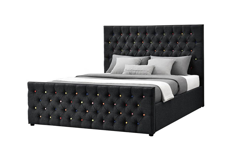 1308G Estructura de cama con almacenamiento y elevación a gas con plataforma capitoné y botones tipo trineo de lujo en tela negra