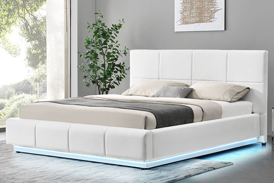 Marco de cama con almacenamiento tapizado King con elevación a gas de tela LED cóncavo-Ravine 1388G
