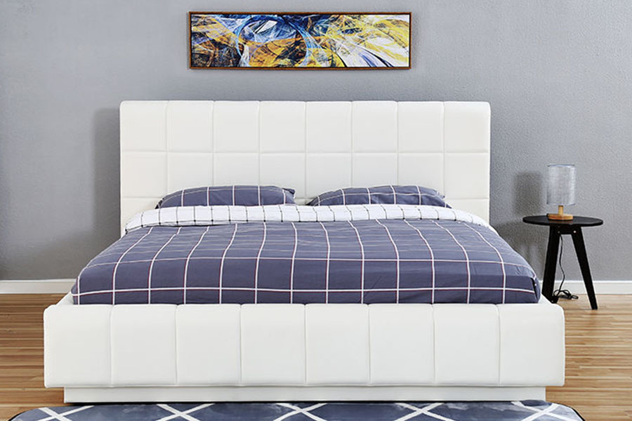 Marco de cama tapizado para dormitorio con almacenamiento de cuero PU blanco y LED de tres lados 1305G