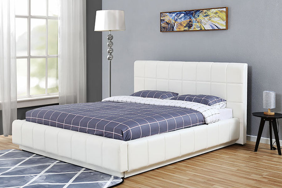 Marco de cama tapizado para dormitorio con almacenamiento de cuero PU blanco y LED de tres lados 1305G