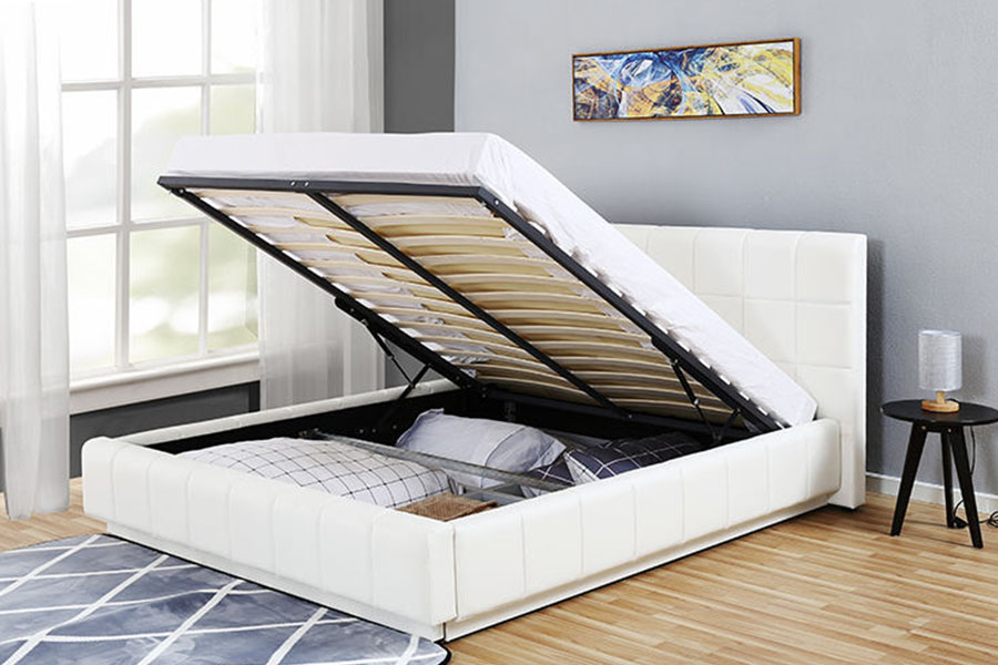 Marco de cama tapizado para dormitorio con almacenamiento de cuero PU blanco y LED de tres lados 1305G