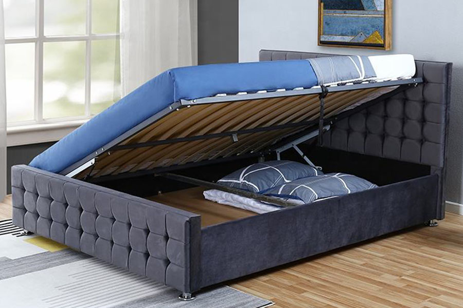 Marco de cama con almacenamiento otomano King de madera maciza con panel capitoné de terciopelo 1354G