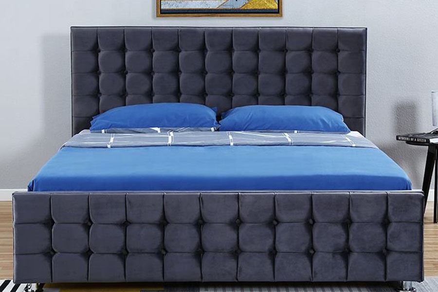 Marco de cama con almacenamiento otomano King de madera maciza con panel capitoné de terciopelo 1354G