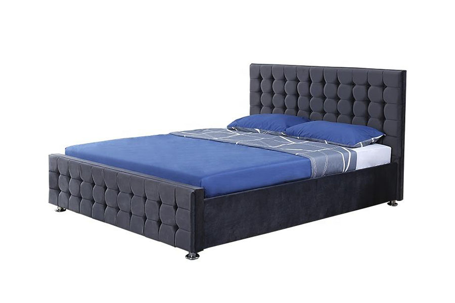Marco de cama con almacenamiento otomano King de madera maciza con panel capitoné de terciopelo 1354G