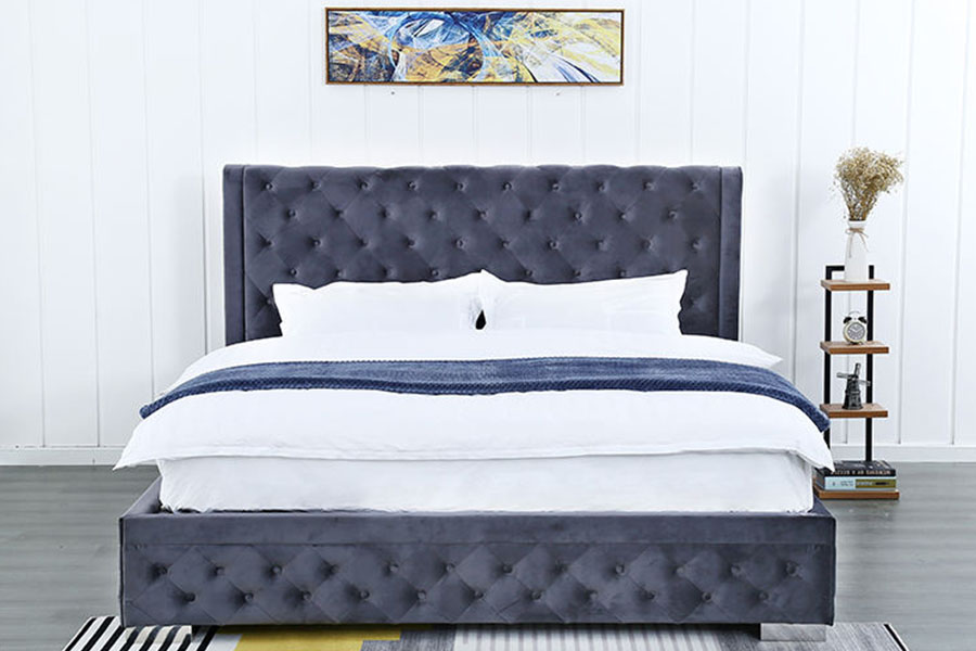1293G Estructura de cama tamaño queen tapizada otomana de madera maciza y terciopelo de felpa
