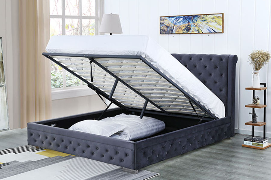 1293G Estructura de cama tamaño queen tapizada otomana de madera maciza y terciopelo de felpa