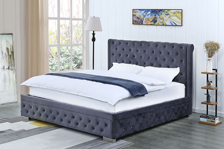 1293G Estructura de cama tamaño queen tapizada otomana de madera maciza y terciopelo de felpa
