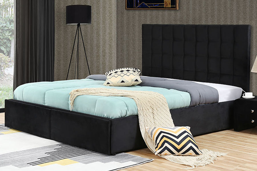 1344DG Estructura de cama con almacenamiento y cajones con elevación a gas y cuero King con botones capitoné