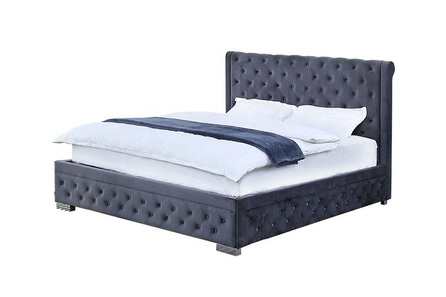 1293G Estructura de cama tamaño queen tapizada otomana de madera maciza y terciopelo de felpa