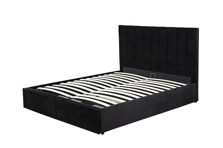 1344DG Estructura de cama con almacenamiento y cajones con elevación a gas y cuero King con botones capitoné