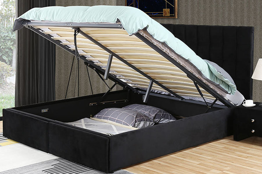 1344DG Estructura de cama con almacenamiento y cajones con elevación a gas y cuero King con botones capitoné