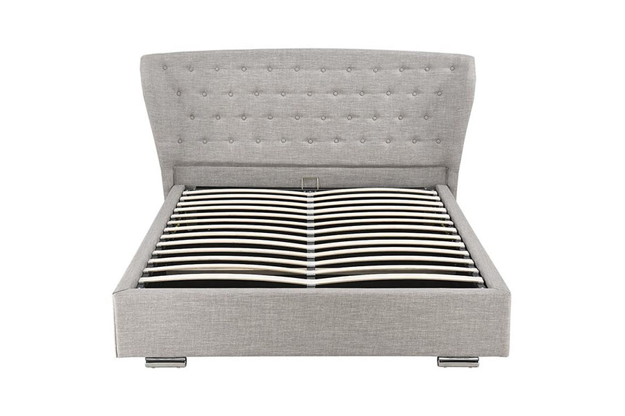 1292G Cama Europea Wingback Tapizada con Patas de Madera Abotonadas en Lino Gris