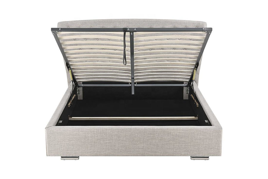 1292G Cama Europea Wingback Tapizada con Patas de Madera Abotonadas en Lino Gris