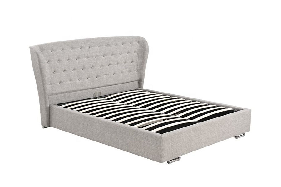 1292G Cama Europea Wingback Tapizada con Patas de Madera Abotonadas en Lino Gris