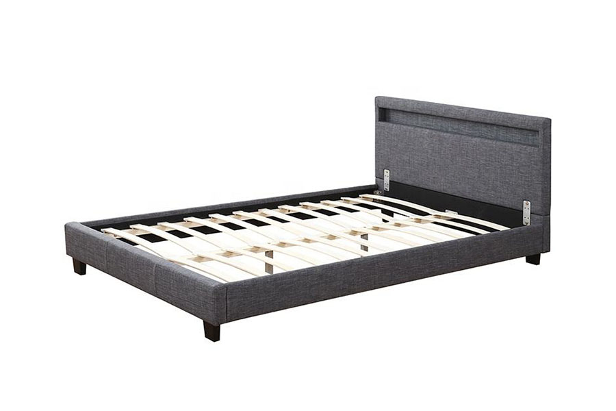 1334-1-2 Elegante estructura de cama doble tapizada con LED en tela de lino