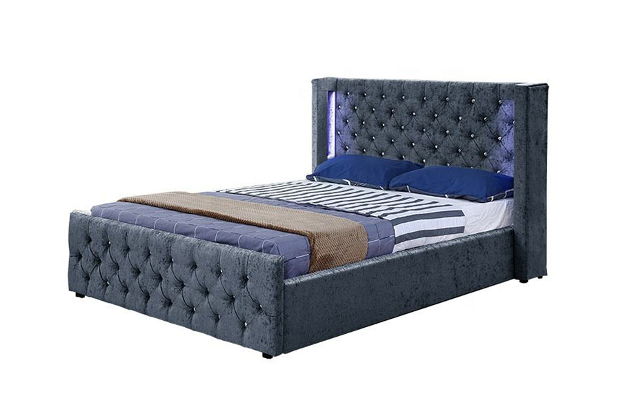 1290-1G Estructura de cama con almacenamiento de madera y diamantes alados LED de terciopelo plateado