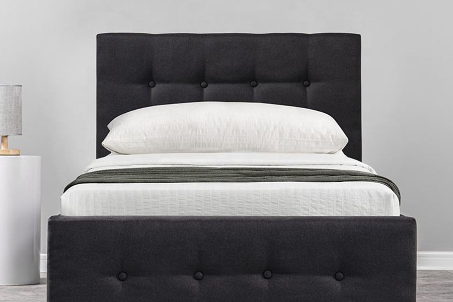 1286G Estructura de cama con almacenamiento otomana tapizada individual de madera maciza con botones capitoné