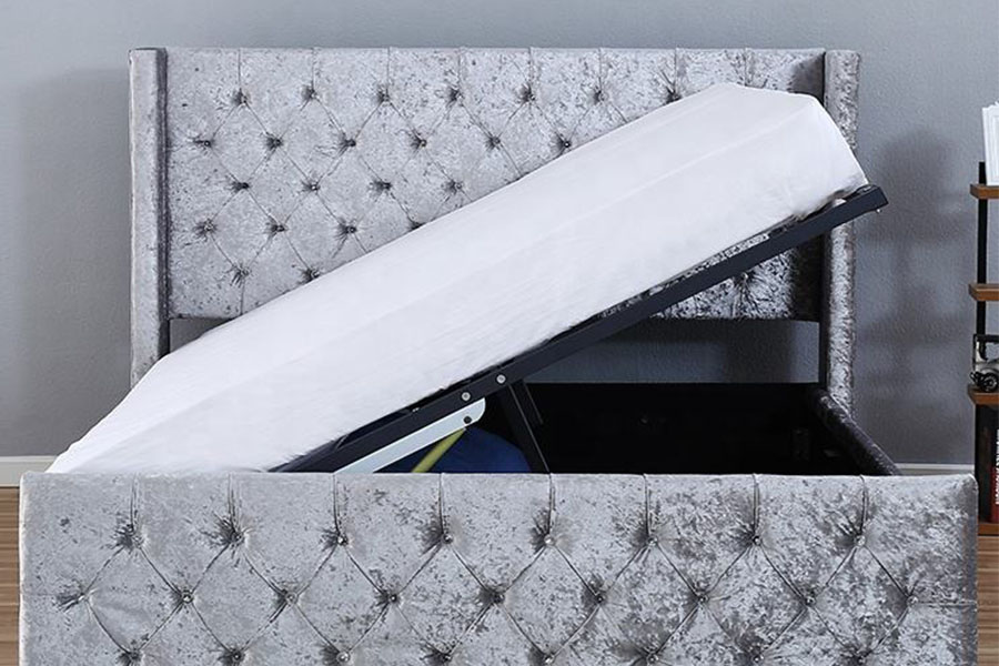 1286G Estructura de cama con almacenamiento otomana tapizada individual de madera maciza con botones capitoné
