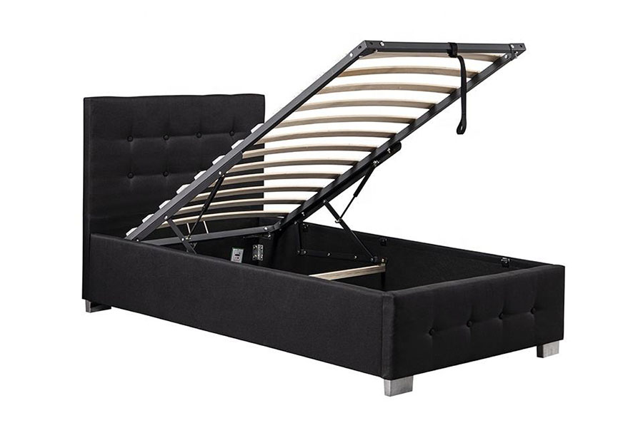 1286G Estructura de cama con almacenamiento otomana tapizada individual de madera maciza con botones capitoné