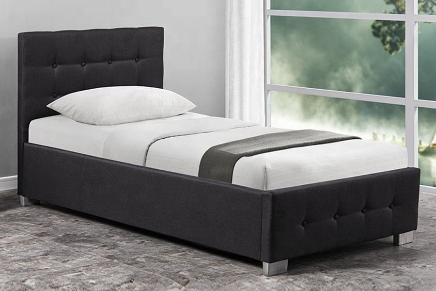 1286G Estructura de cama con almacenamiento otomana tapizada individual de madera maciza con botones capitoné