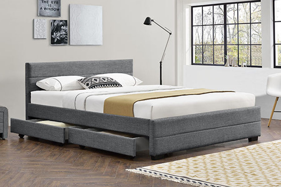1263D Estructura de cama con almacenamiento de cuatro cajones de madera y cuero suave gris claro