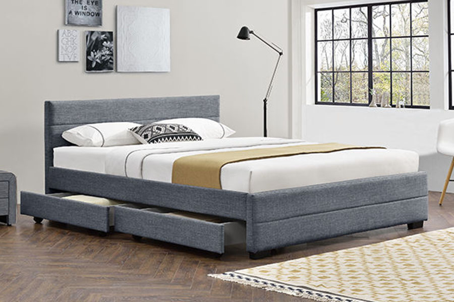 1263D Estructura de cama con almacenamiento de cuatro cajones de madera y cuero suave gris claro