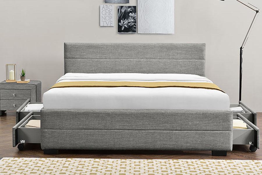 1263D Estructura de cama con almacenamiento de cuatro cajones de madera y cuero suave gris claro