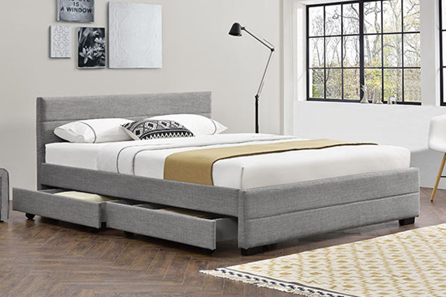 1263D Estructura de cama con almacenamiento de cuatro cajones de madera y cuero suave gris claro
