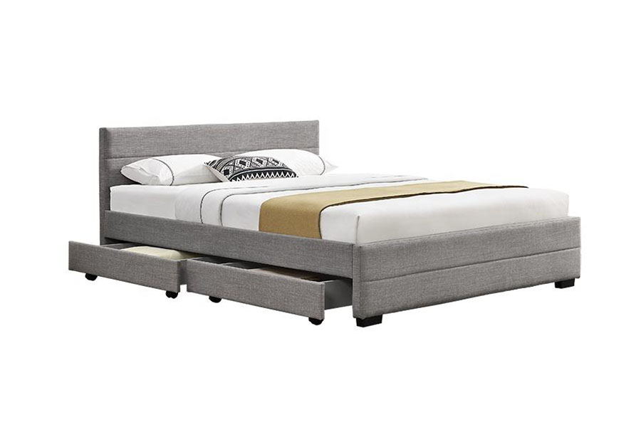 1263D Estructura de cama con almacenamiento de cuatro cajones de madera y cuero suave gris claro