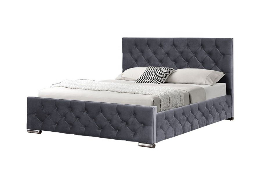 1253G Estructura de cama con almacenamiento hidráulico y patas cromadas de tela gris con capitoné de diamantes